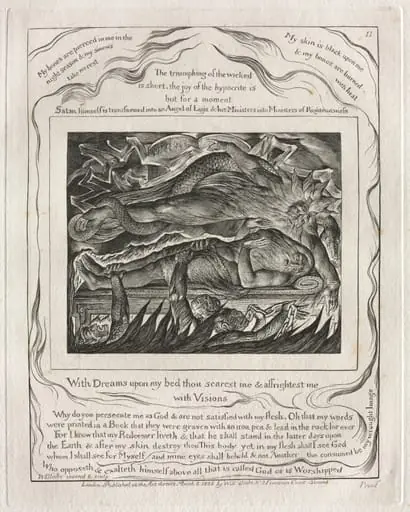 The Book of Job: Pl. 11, With Dreams upon my bed thou scarest me and affrightest me, by William Blake