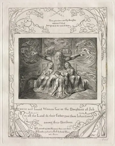 The Book of Job: Pl. 20, There were not found Women fair as the Daughters of Job, by William Blake