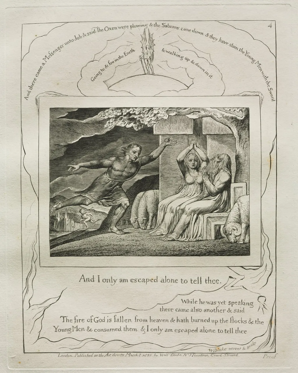 The Book of Job: Pl. 4, And I only am escaped alone to tell thee, by William Blake, 1825