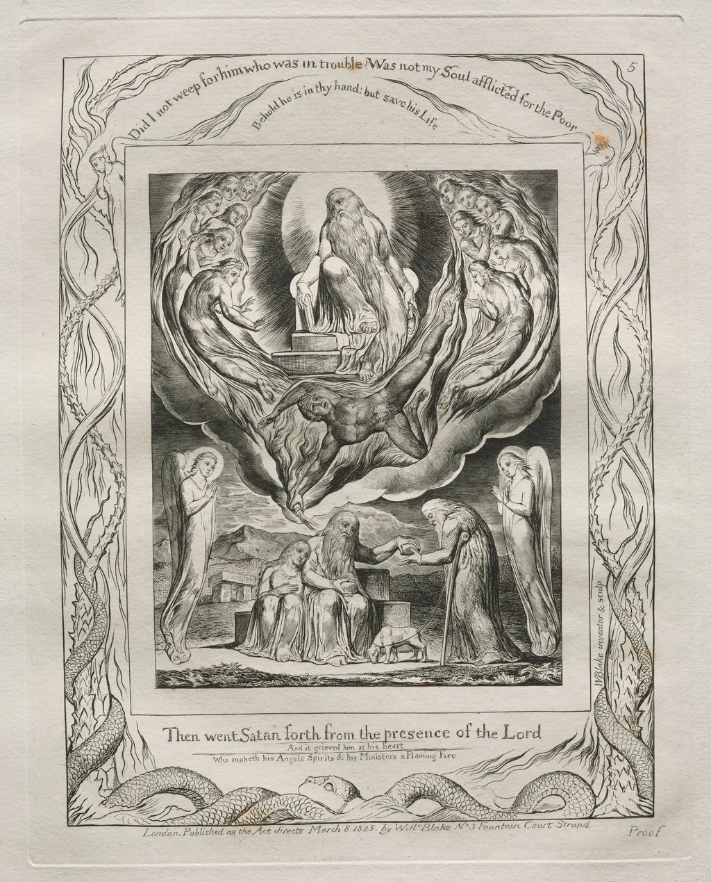 The Book of Job: Pl. 5, Then went Satan forth from the presence of the Lord, by William Blake, 1825