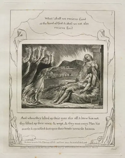 The Book of Job:  Pl. 7, And when they lifted up their eyes afar off and knew him not, by William Blake