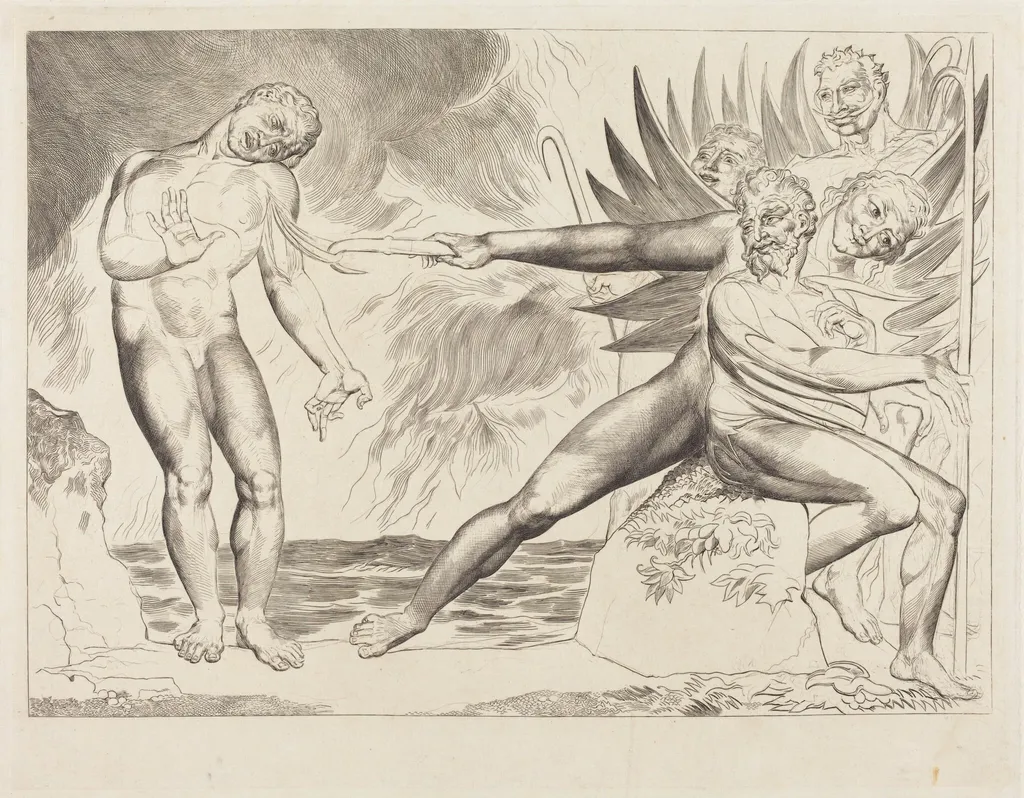 The Circle of the Corrupt Officials; the Devils Tormenting Ciampolo, by William Blake, ink, 1827