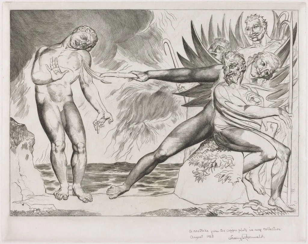 The Circle of the Corrupt Officials; the Devils Tormenting Ciampolo, by William Blake, ink, 1827