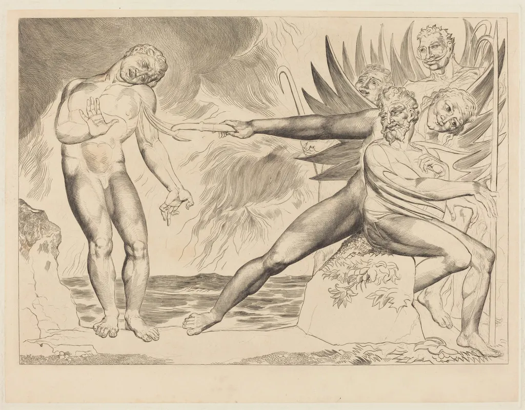 The Circle of the Corrupt Officials; the Devils Tormenting Ciampolo, by William Blake, ink, 1827