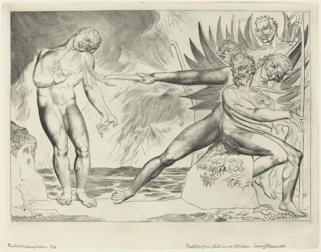 The Circle of the Corrupt Officials; The Devils Tormenting Ciampolo, by William Blake, ink, 1827