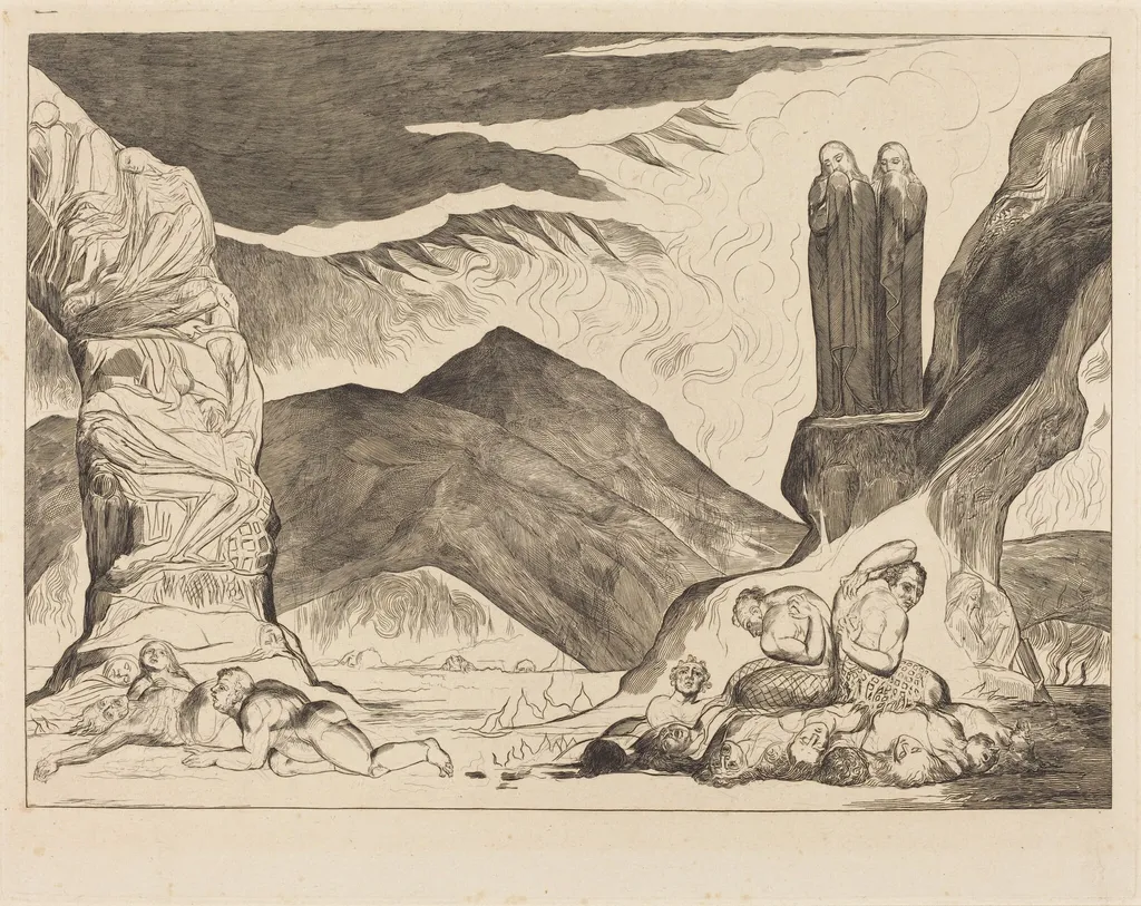 The Circle of the Falsifiers: Dante and Virgil Covering their Noses because of the st, by William Blake, ink, 1827