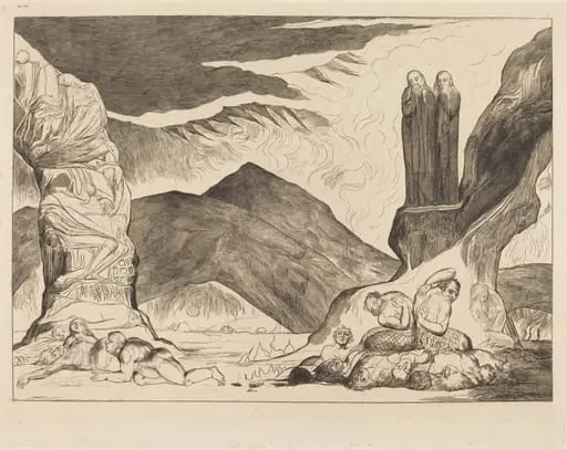 The Circle of the Falsifiers: Dante and Virgil Covering their Noses because of the st, by William Blake