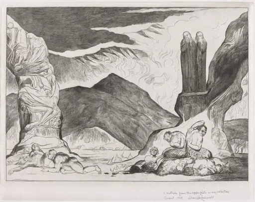 The Circle of the Falsifiers: Dante and Virgil Covering their Noses because of the stench, by William Blake