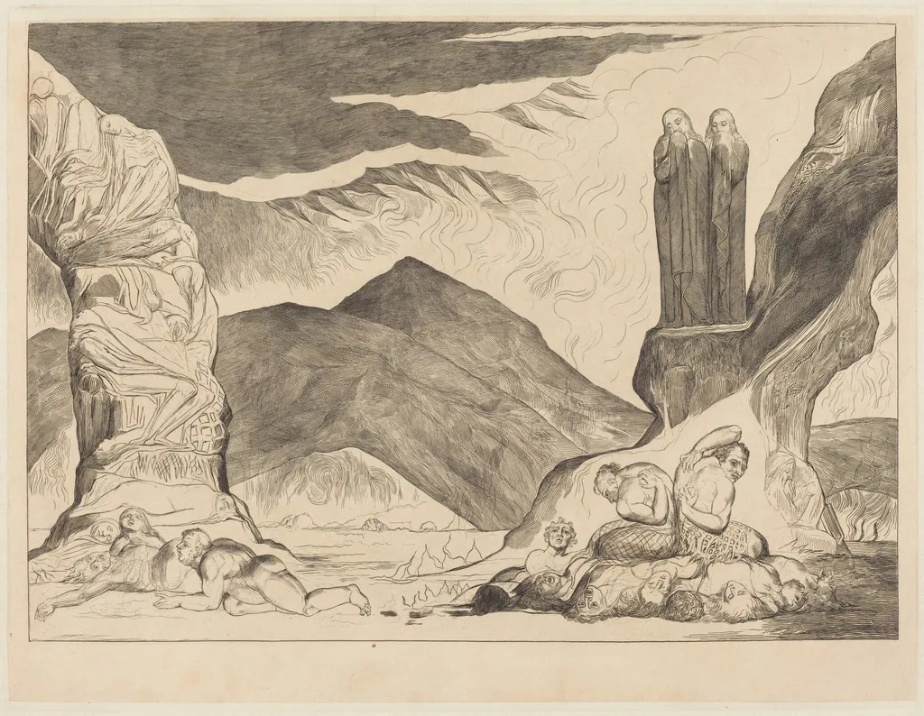 The Circle of the Falsifiers: Dante and Virgil Covering their Noses because of the st, by William Blake, ink, 1827