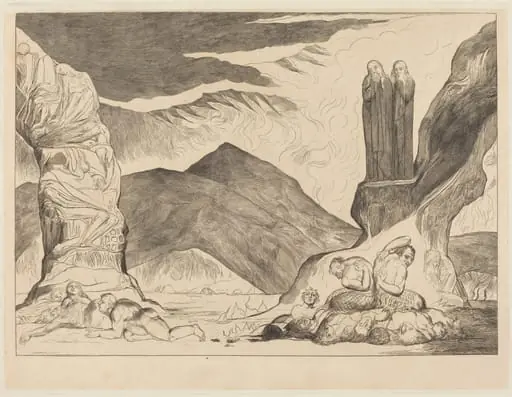The Circle of the Falsifiers: Dante and Virgil Covering their Noses because of the st, by William Blake
