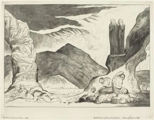 The Circle of the Falsifiers; Dante and Virgil Covering their Noses because of the stench, by William Blake