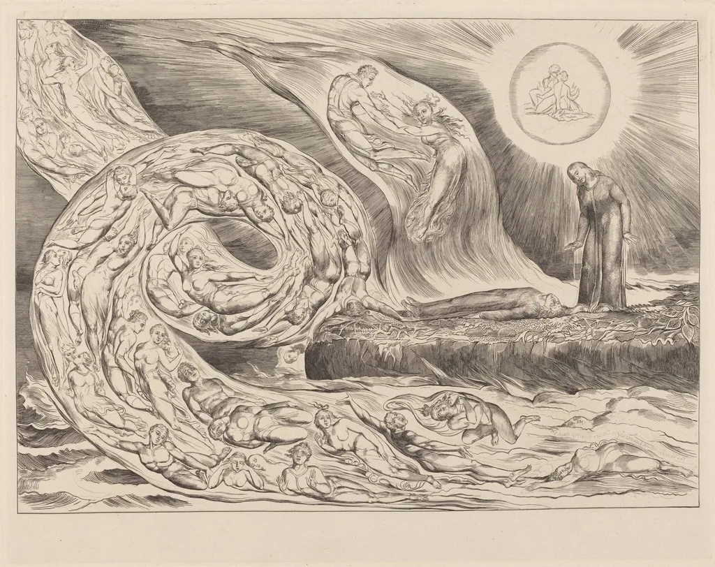 The Circle of the Lustful: Paolo and Francesca, by William Blake, ink, 1827