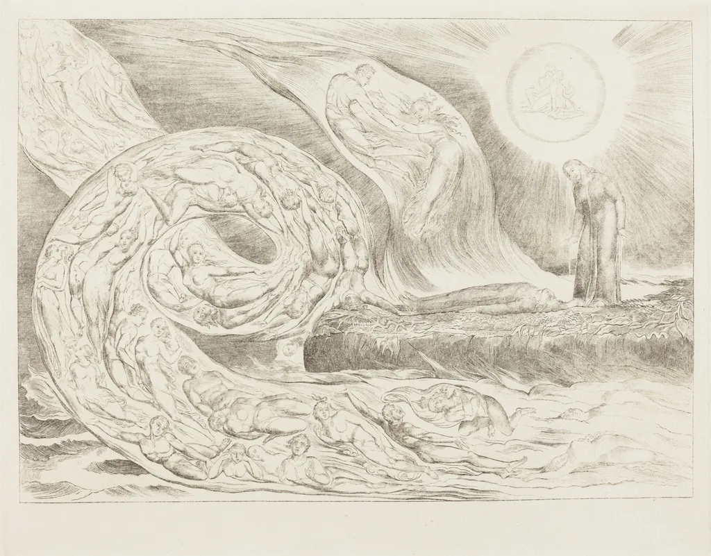 The Circle of the Lustful: Paolo and Francesca, by William Blake, ink, 1827