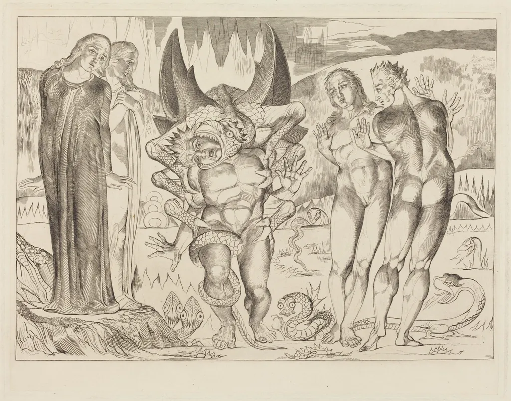The Circle of the Thieves; Agnolo Brunelleschi Attacked by a Six-Footed Serpent, by William Blake, ink, 1827
