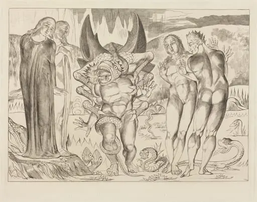 The Circle of the Thieves; Agnolo Brunelleschi Attacked by a Six-Footed Serpent, by William Blake