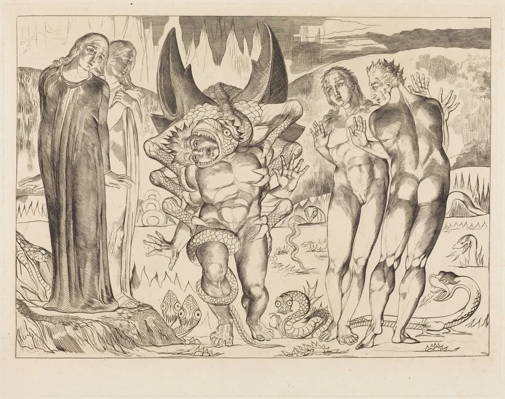 The Circle of the Thieves; Agnolo Brunelleschi Attacked by a Six-Footed Serpent, by William Blake, ink, 1827