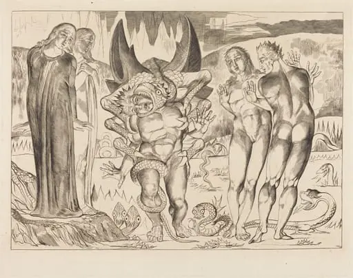 The Circle of the Thieves; Agnolo Brunelleschi Attacked by a Six-Footed Serpent, by William Blake