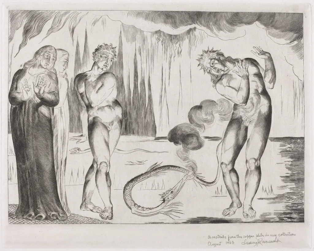 The Circle of the Thieves; Buoso Donati Attacked by the Serpent, by William Blake, ink, 1827