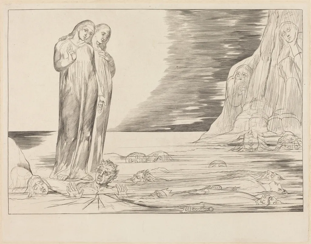 The Circle of the Traitors; Dante's Foot Striking Bocca degli Abbate, by William Blake, ink, 1827