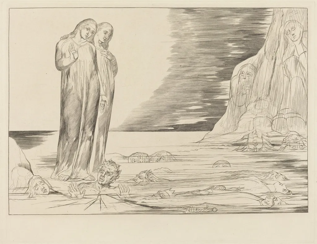 The Circle of the Traitors; Dante's Foot Striking Bocca degli Abbate, by William Blake, ink, 1827