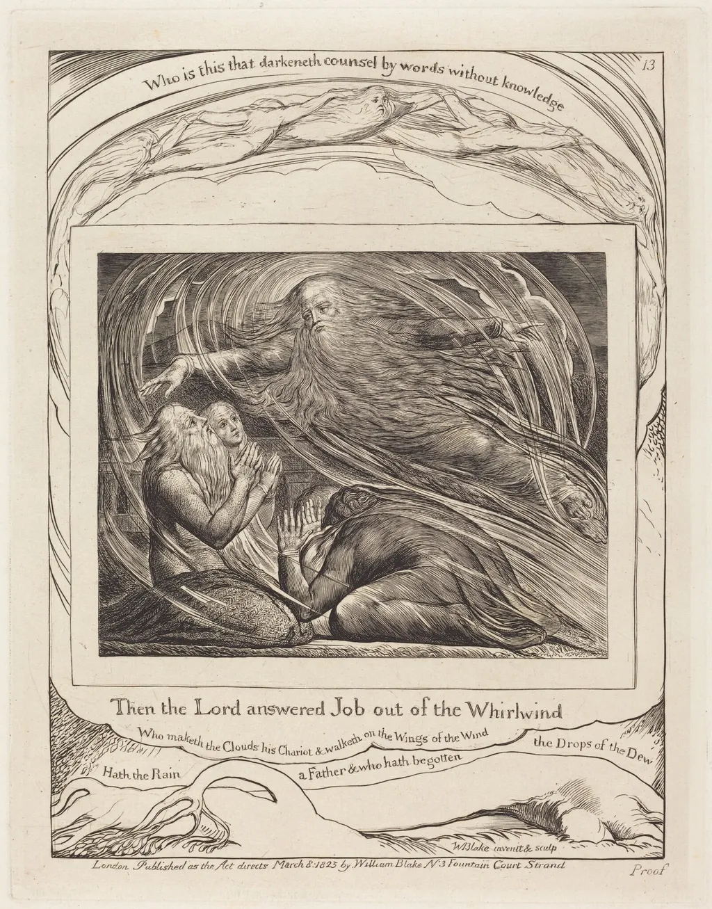 The Lord Answering Job out of the Whirlwind, by William Blake, ink, 1825