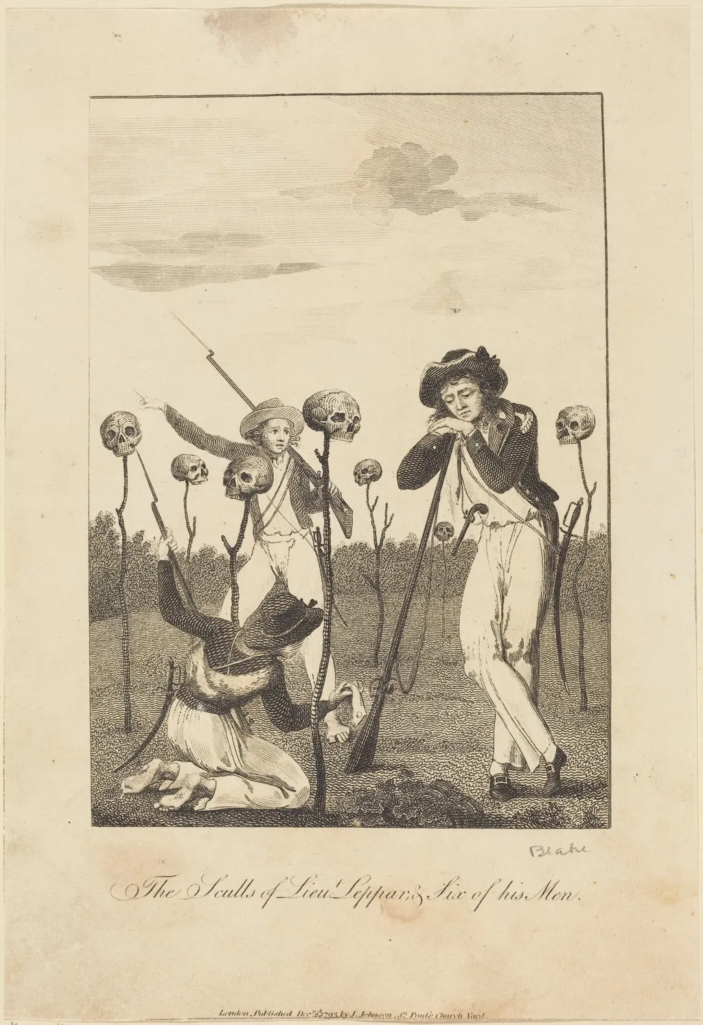 The Sculls of Lieut Leppar, & Six of his Men, by William Blake, ink, 1793