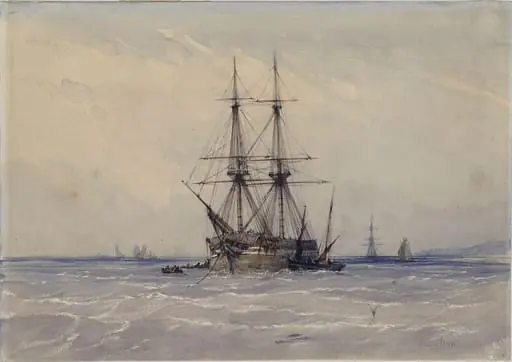 Brig at Anchor, and Boats Alongside, by William Callow
