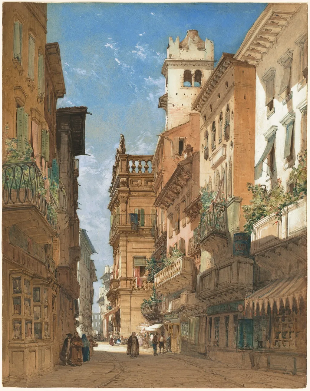 Corso Sant' Anastasia with the Palazzo Maffei in Verona, by William Callow, ink, 1855
