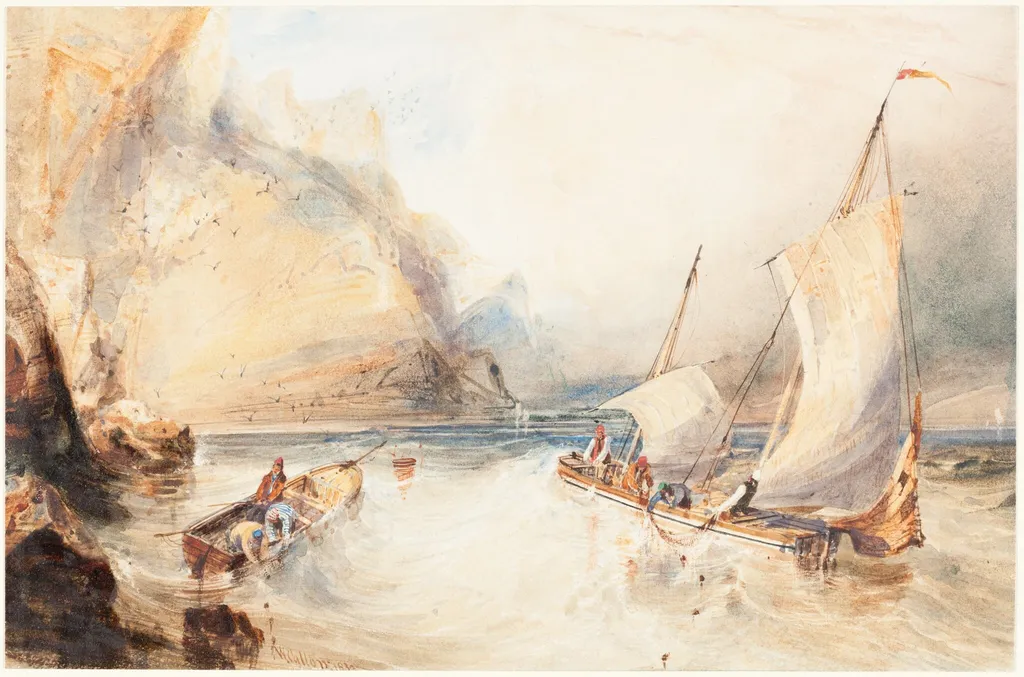 French Fishing Boats off a Rocky Coast, by William Callow, graphite, 1833
