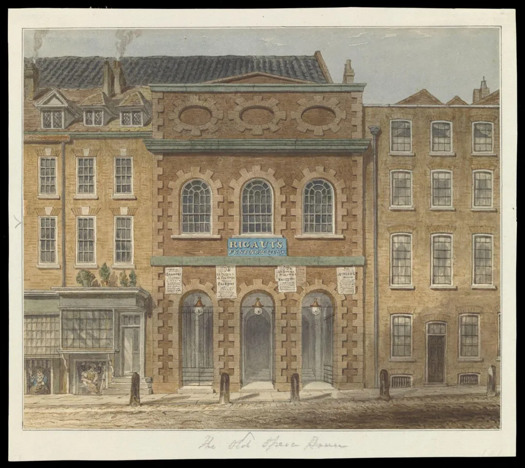 The Italian Opera House, Haymarket, prior to the fire of June 1789, by William Capon, watercolor, 1788