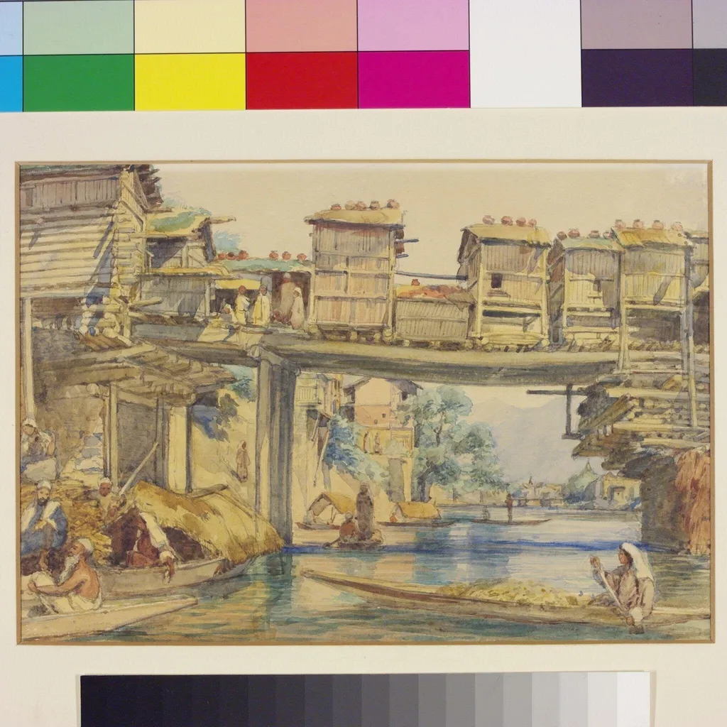 An arch of the second bridge at Srinagar, Kashmir, by William Carpenter, paint, 1855