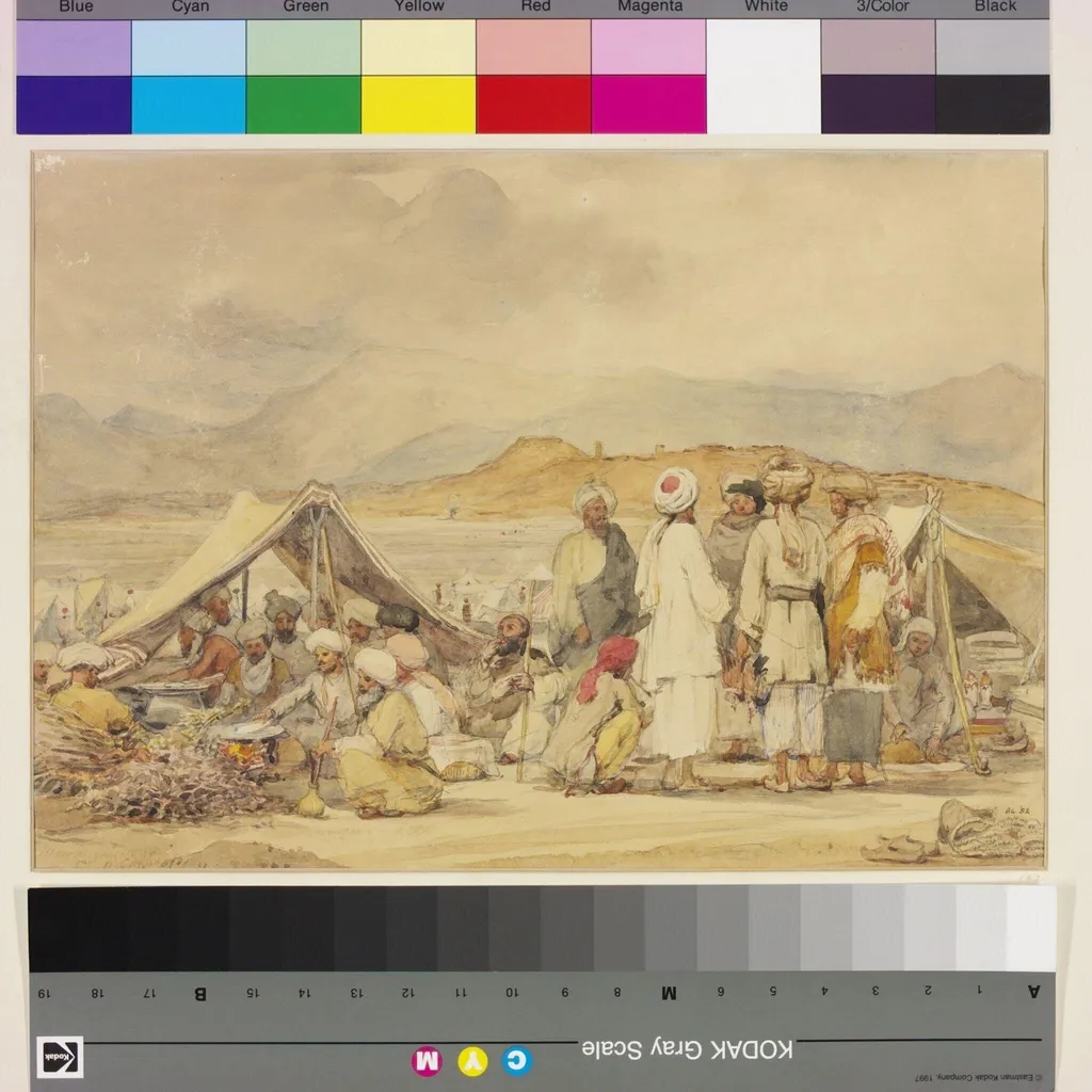 Camp bazaar near Kaie, Miranzai, by William Carpenter, paint, 1855