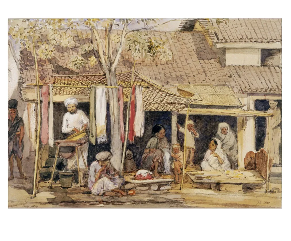 Dyers' and pan-sellers' shops in Pune, by William Carpenter, paint, 1850