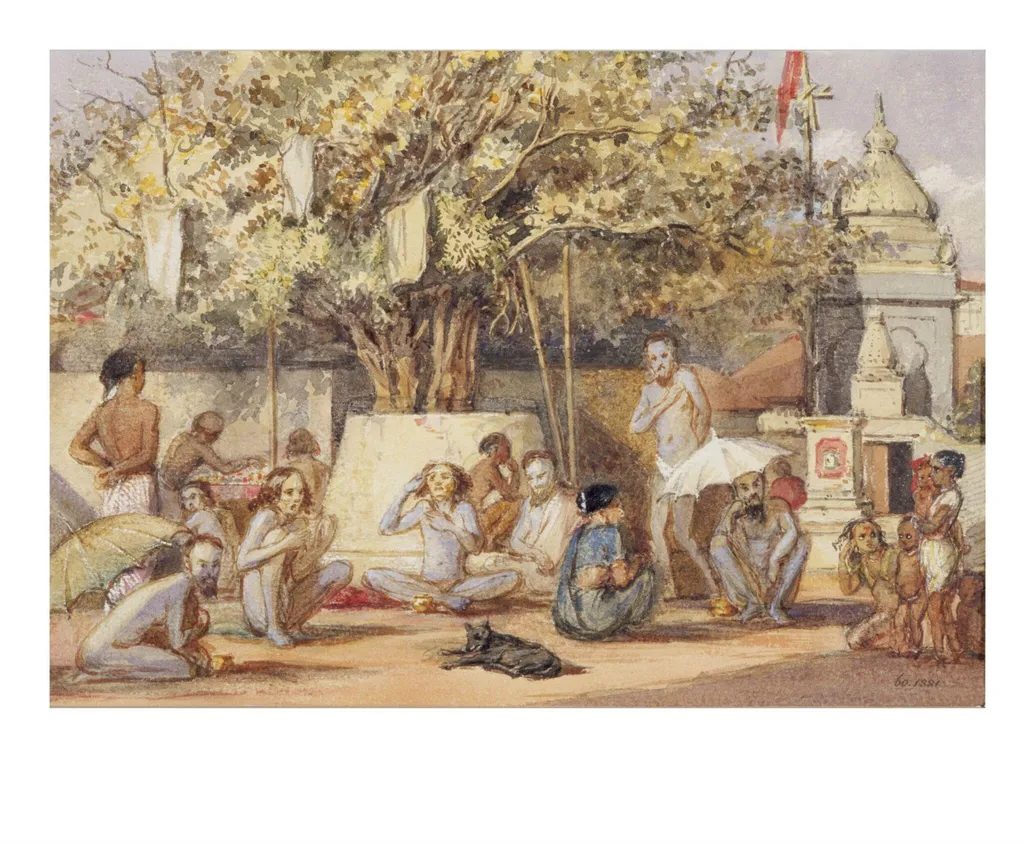Hindu bairagis preparing for a festival outside a shrine, by William Carpenter, paint, 1850