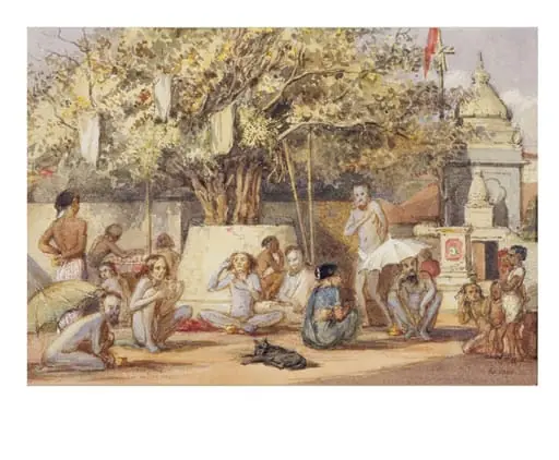 Hindu bairagis preparing for a festival outside a shrine, by William Carpenter