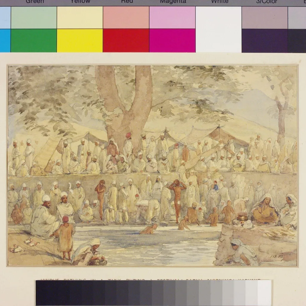 Hindus bathing in the early morning during a festival in Kashmir, by William Carpenter, paint, 1855