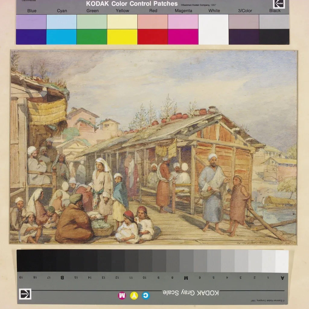 On the second bridge at Srinagar, Kashmir, by William Carpenter, paint, 1855