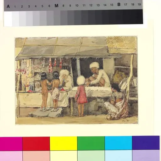 Shops for colours and flowers used at festivals, Sadr bazaar, Pune, by William Carpenter