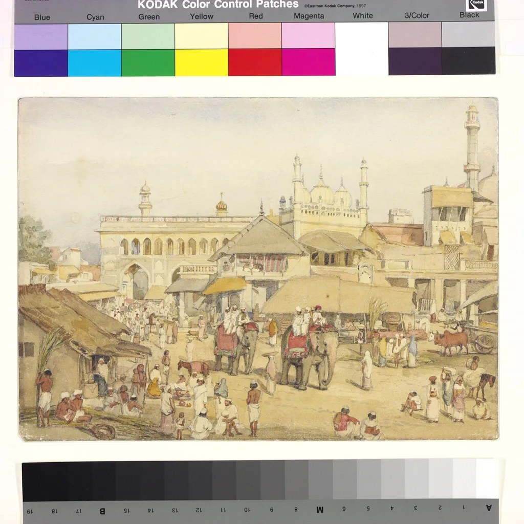Street scene with gateway and a mosque, Lucknow, by William Carpenter, paint, 1856