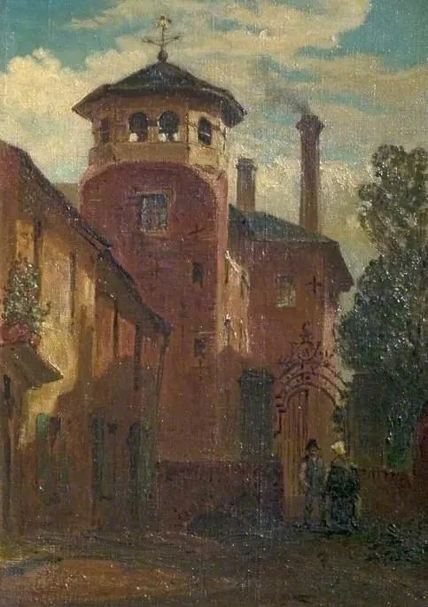 Old Silk Mill Tower and Lane, Derby (after Edwin Ellis), by William Caxton Keene