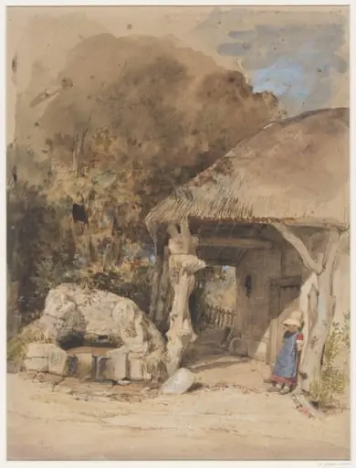 A Child under a Thatched Porch near a Spring., by William Clarkson R.A. Stanfield