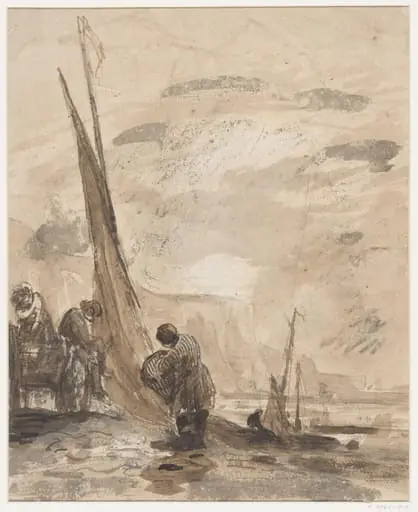 A cart with boats on the shore, near cliffs, by William Collins