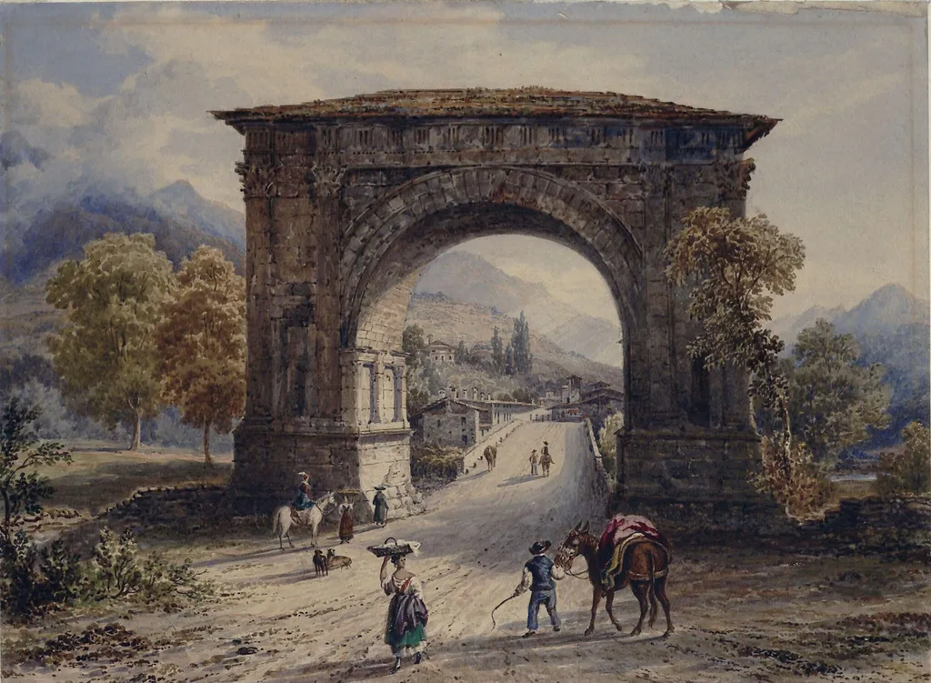 Landscape with Roman Arch, by William Cowen, watercolor, 1836