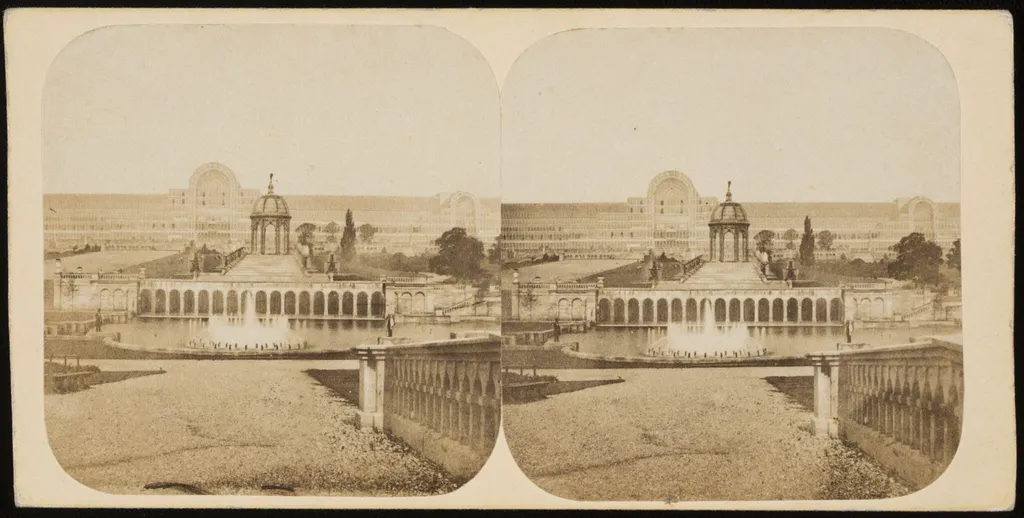 Crystal Palace: a general view of the palace, cascades and lower fountains, by William England, photographic, 1862