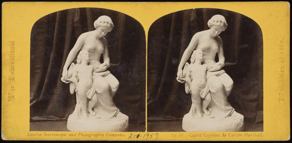 Stereograph of 'Cupid Captive', a sculpture by Calder Marshall, by William England, photographic, 1862