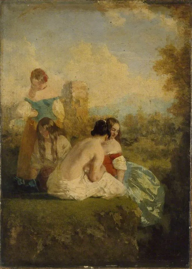 Four Girls by a Stream, by William Etty, oil, 1828