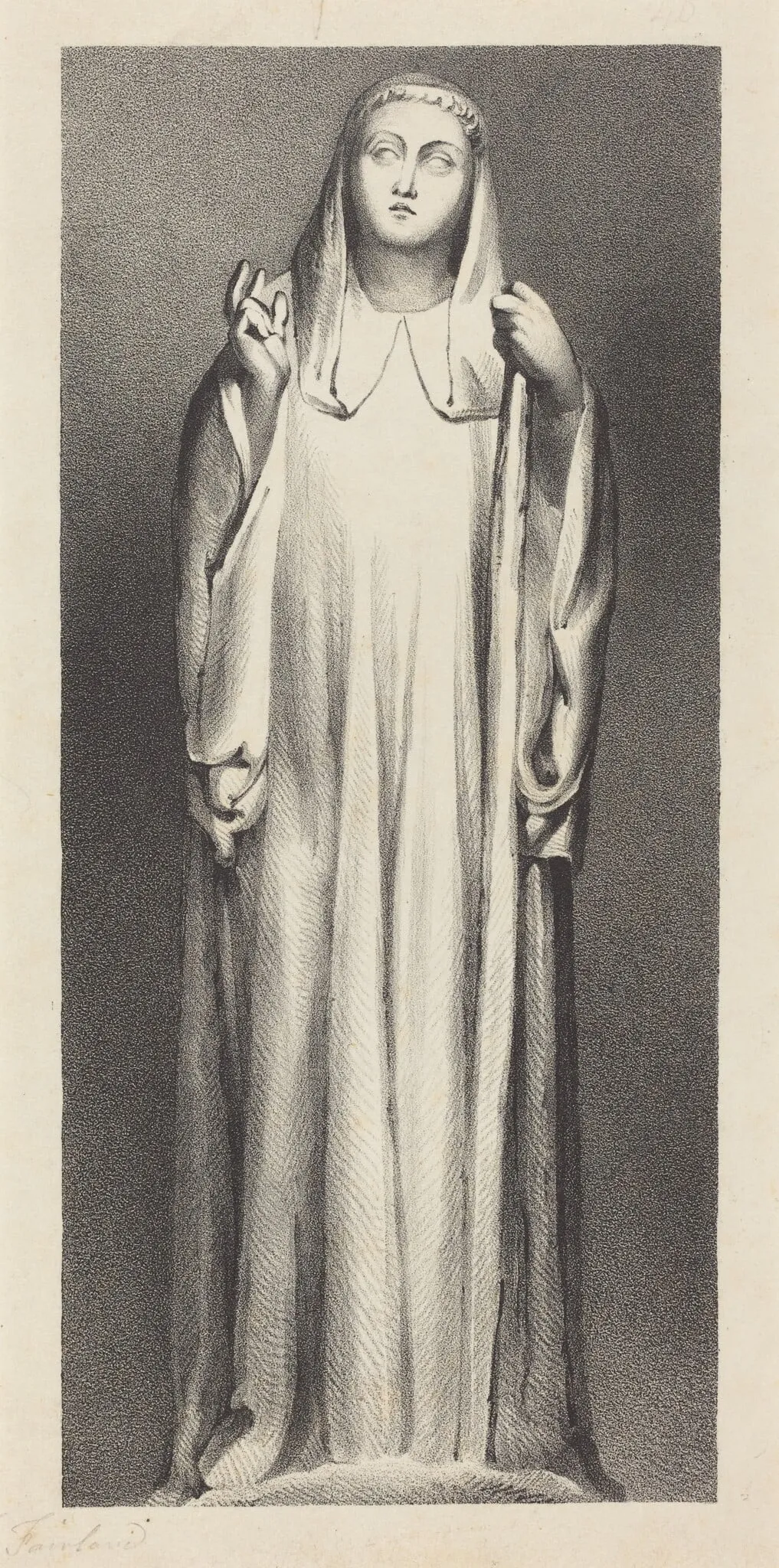Figure from Peterborough Cathedral, by William Fairland, ink, 1829