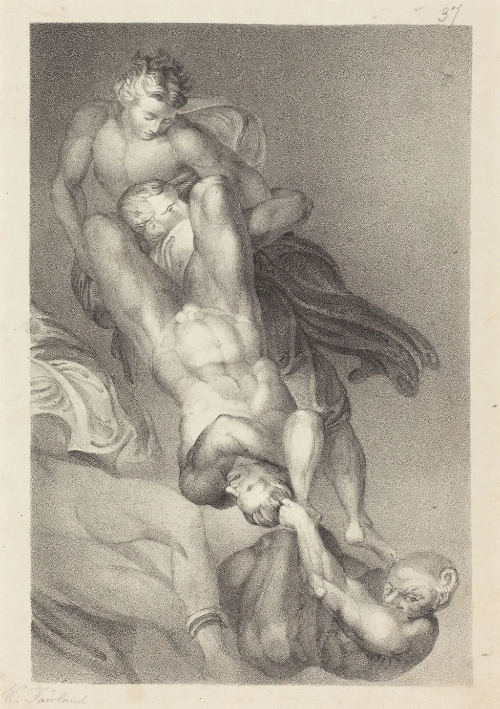 Part of the Last Judgment from Michael Angelo, by William Fairland, ink, 1829