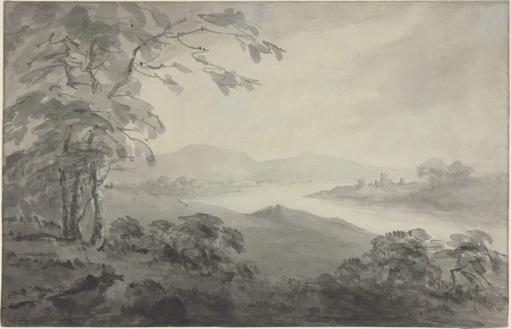 River Landscape with Ruins, by William Gilpin, ink, 1774