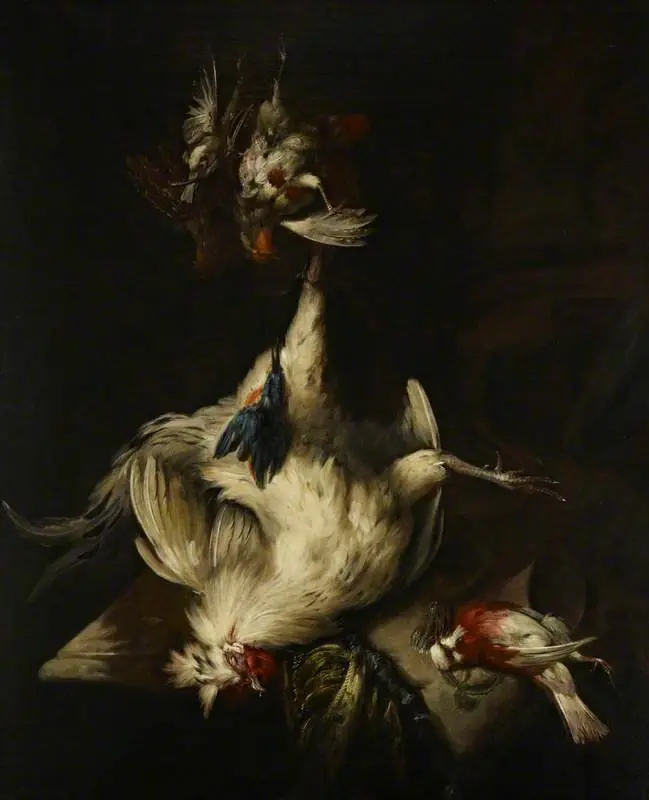 Still-life with white cockerel and dead game, by William Gouw Ferguson